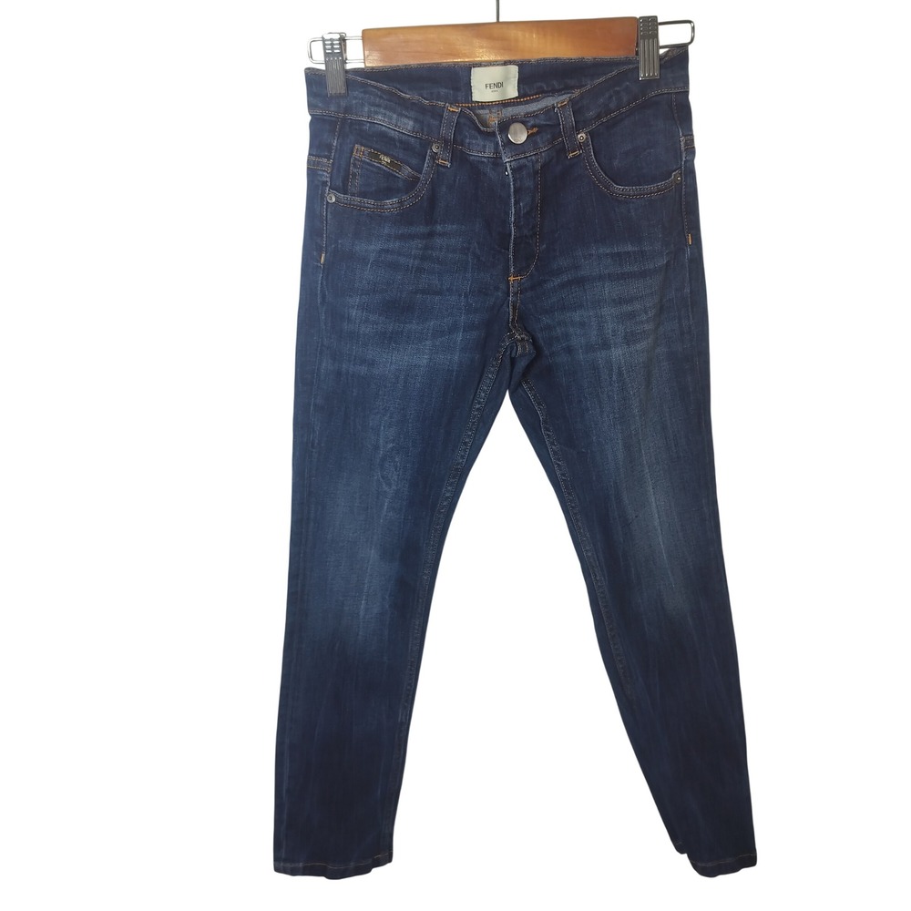 Fendi Roma Girls Dark Wash Slim Leg Jeans Embroidered Logo Back Pocket Size 12A